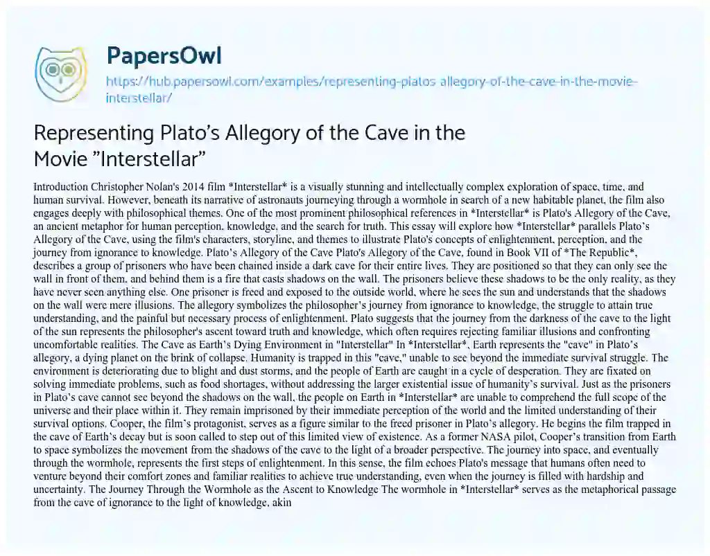 Essay on Representing Plato’s Allegory of the Cave in the Movie “Interstellar”