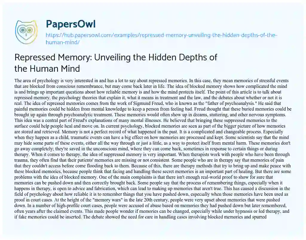 Essay on Repressed Memory: Unveiling the Hidden Depths of the Human Mind