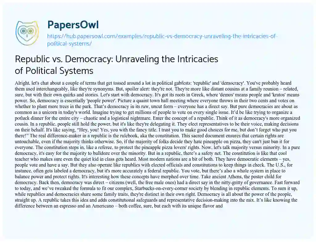 Essay on Republic vs. Democracy: Unraveling the Intricacies of Political Systems