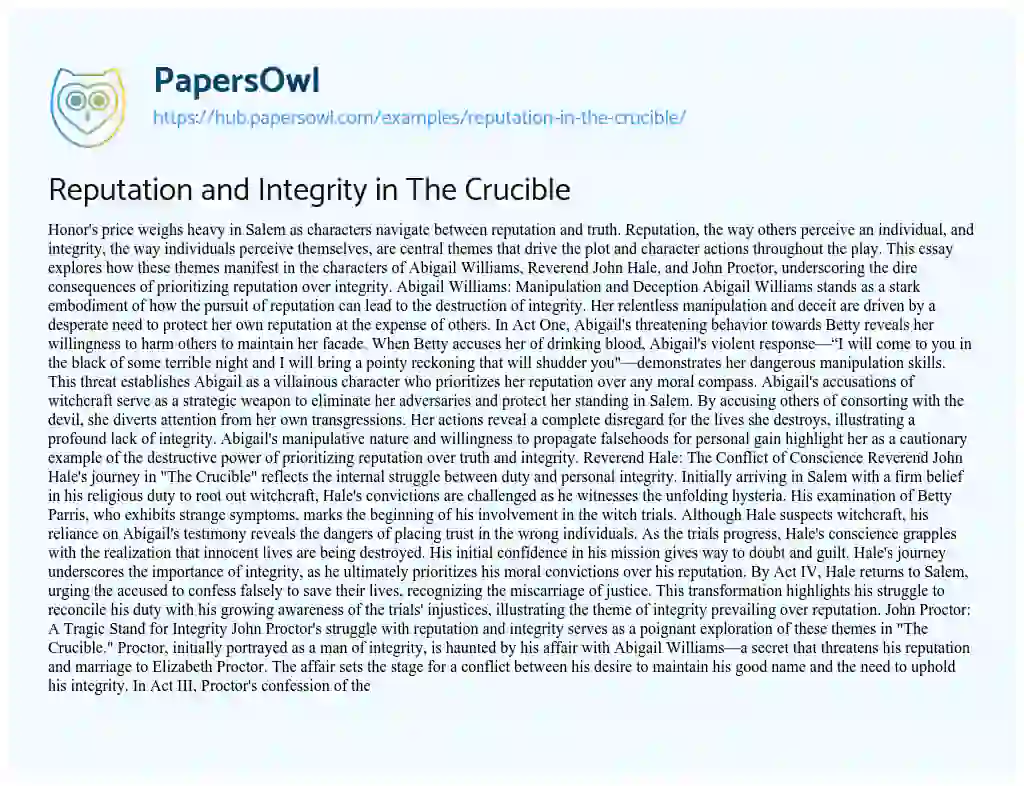 Essay on Reputation and Integrity in The Crucible