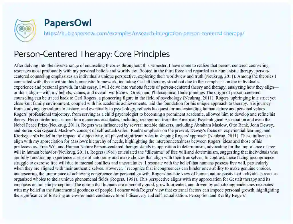 Essay on Person-Centered Therapy: Core Principles