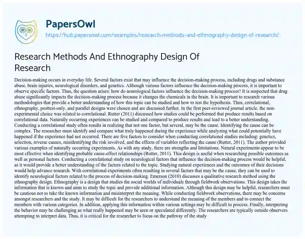 Essay on Research Methods And Ethnography Design Of Research