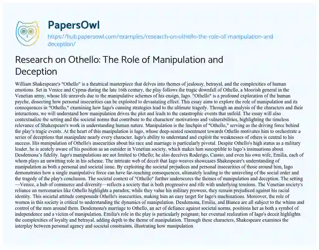 Essay on Research on Othello: The Role of Manipulation and Deception
