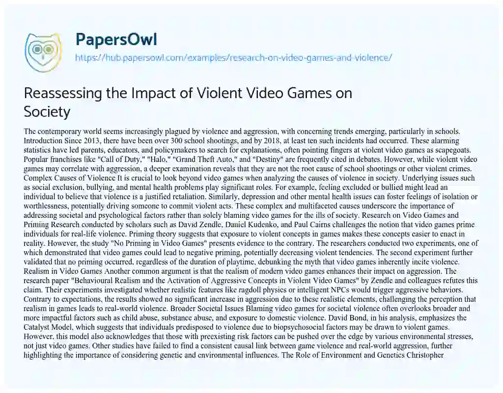 Essay on Reassessing the Impact of Violent Video Games on Society