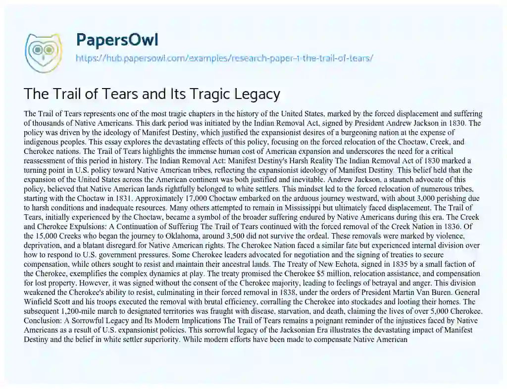 Essay on The Trail of Tears and Its Tragic Legacy