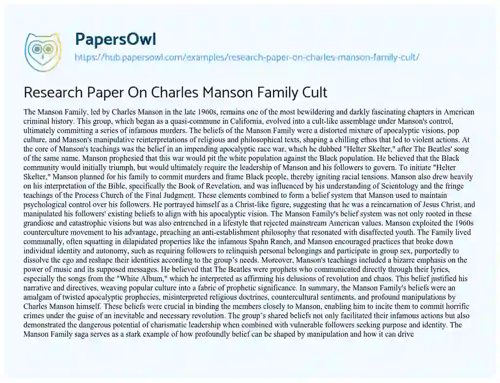 Essay on Research Paper On Charles Manson Family Cult