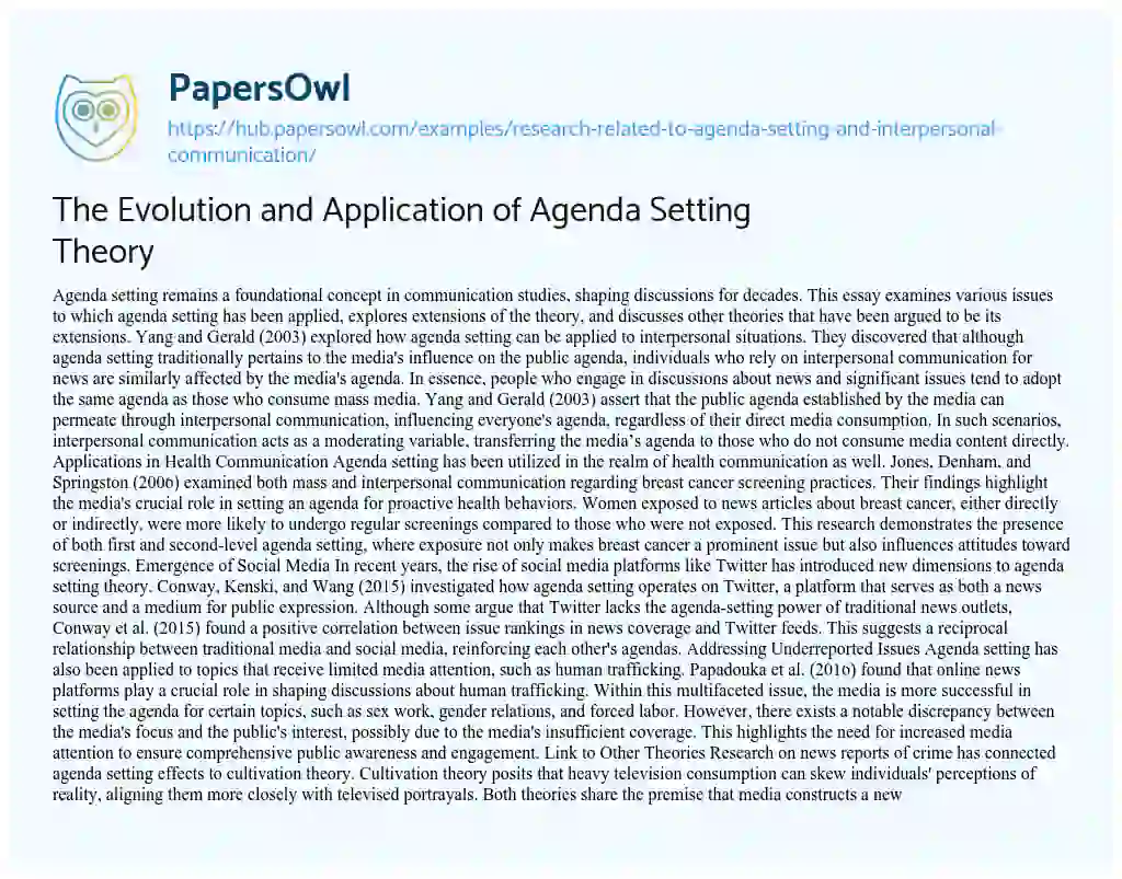 Essay on The Evolution and Application of Agenda Setting Theory