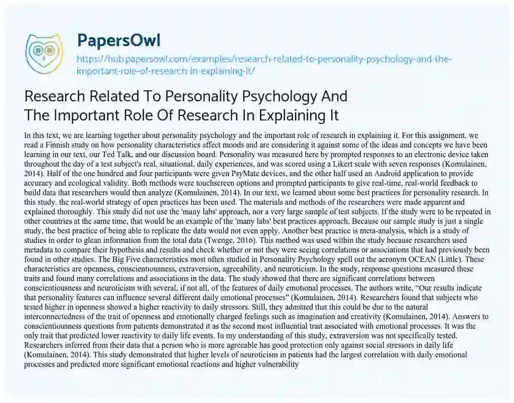 Essay on Research Related To Personality Psychology And The Important Role Of Research In Explaining It