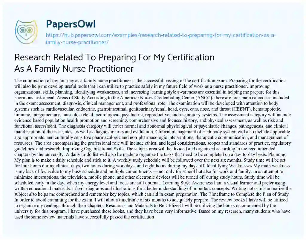 Essay on Research Related To Preparing For My Certification As A Family Nurse Practitioner