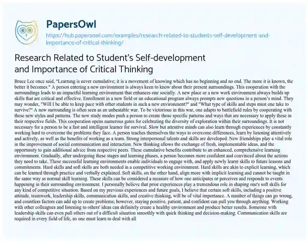 Essay on Research Related to Student’s Self-development and Importance of Critical Thinking