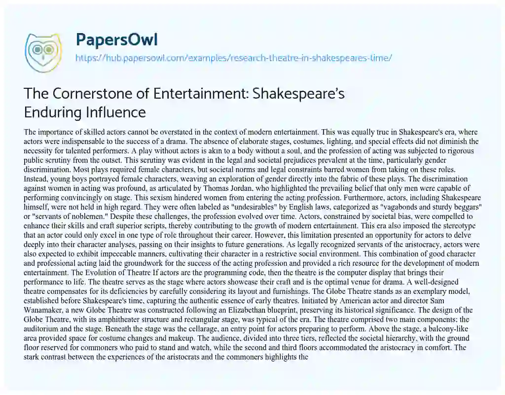Essay on The Cornerstone of Entertainment: Shakespeare’s Enduring Influence