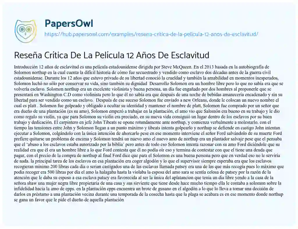 Essay on Reseña Crítica De La Película 12 Años De Esclavitud