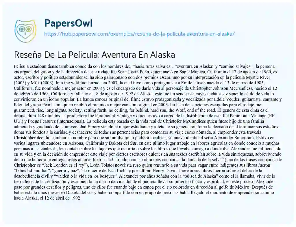 Essay on Reseña De La Película: Aventura En Alaska