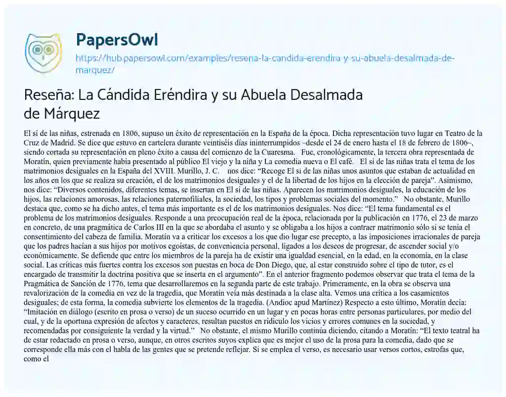 Essay on Reseña: La Cándida Eréndira y su Abuela Desalmada de Márquez