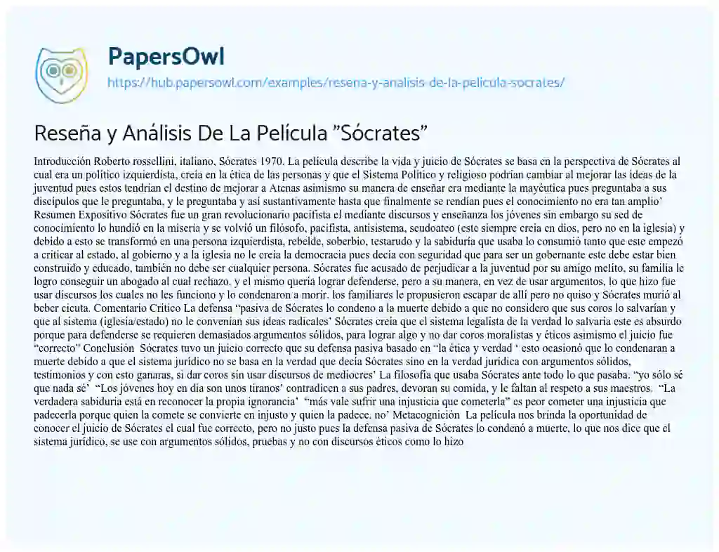 Essay on Reseña y Análisis De La Película “Sócrates”