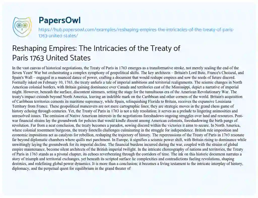 Essay on Reshaping Empires: The Intricacies of the Treaty of Paris 1763 United States