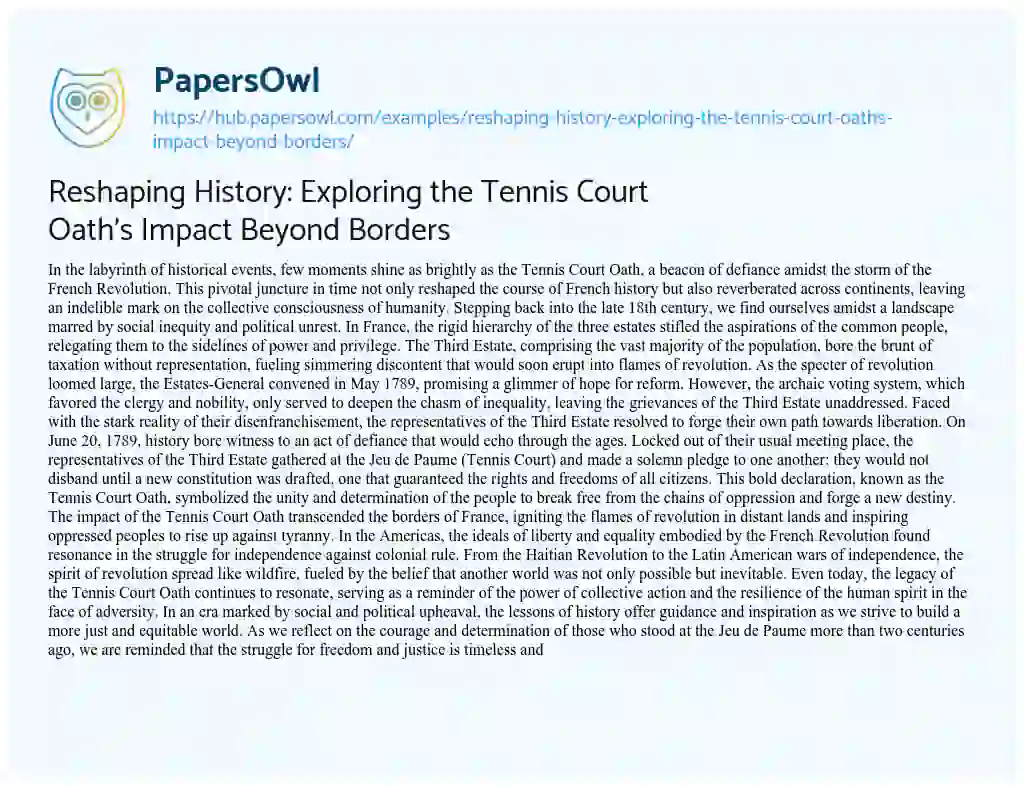Essay on Reshaping History: Exploring the Tennis Court Oath’s Impact Beyond Borders