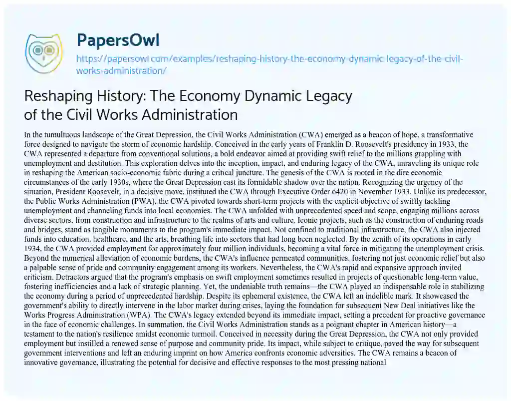 Essay on Reshaping History: The Economy Dynamic Legacy of the Civil Works Administration