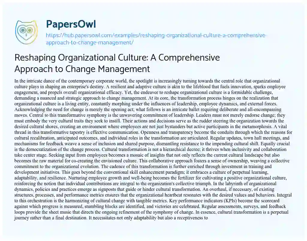 Essay on Reshaping Organizational Culture: A Comprehensive Approach to Change Management