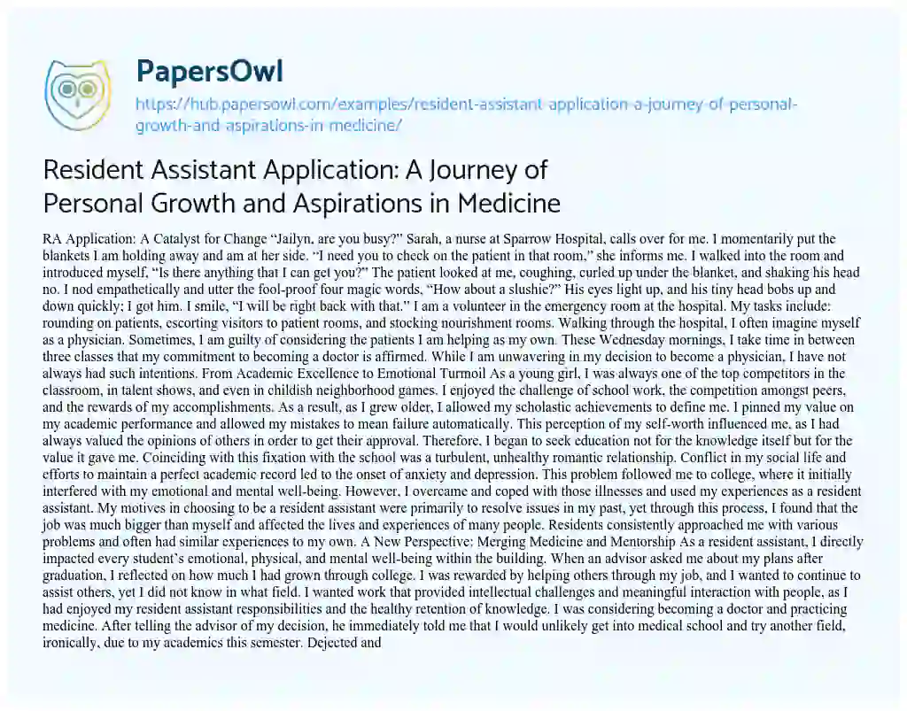 Essay on Resident Assistant Application: A Journey of Personal Growth and Aspirations in Medicine
