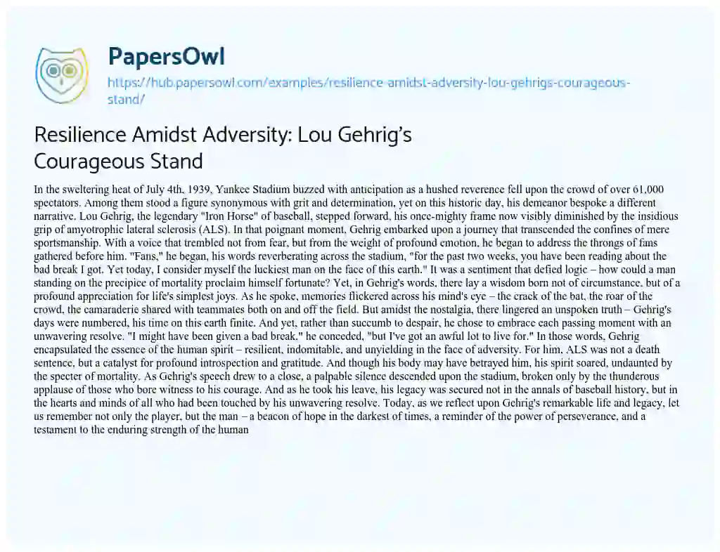 Essay on Resilience Amidst Adversity: Lou Gehrig’s Courageous Stand