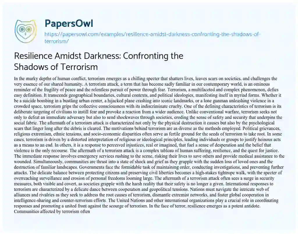 Essay on Resilience Amidst Darkness: Confronting the Shadows of Terrorism