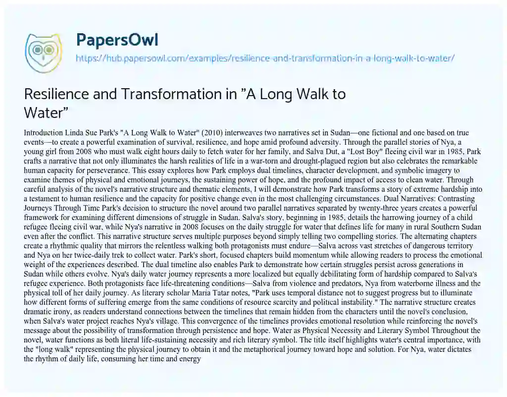 Essay on Resilience and Transformation in “A Long Walk to Water”