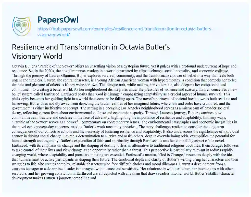 Essay on Resilience and Transformation in Octavia Butler’s Visionary World