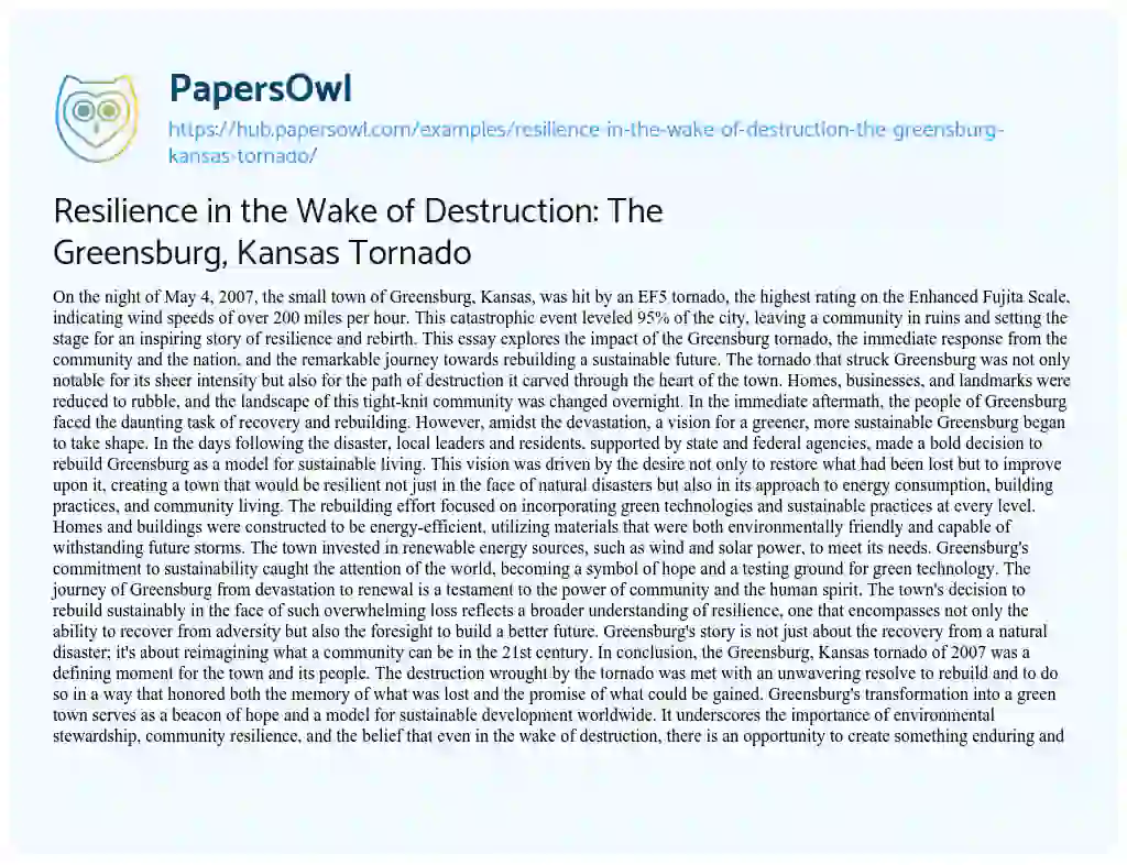 Essay on Resilience in the Wake of Destruction: The Greensburg, Kansas Tornado