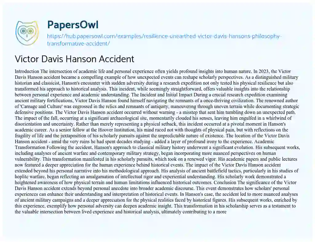 Essay on Victor Davis Hanson Accident