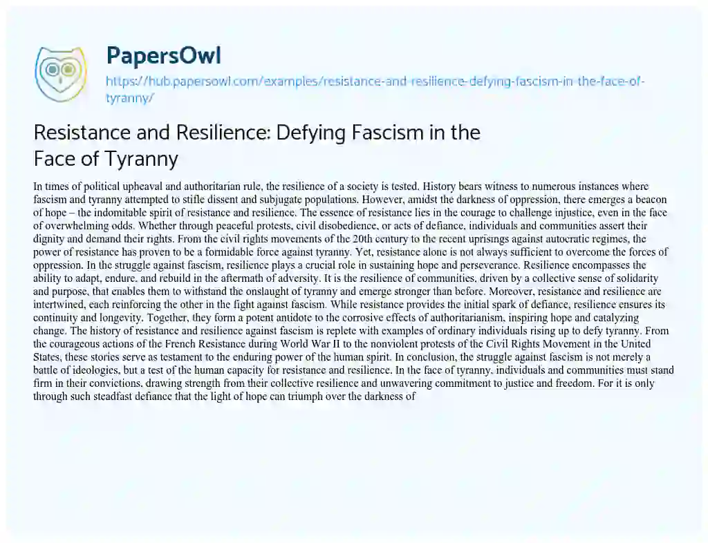 Essay on Resistance and Resilience: Defying Fascism in the Face of Tyranny