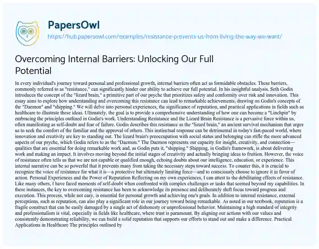 Essay on Overcoming Internal Barriers: Unlocking Our Full Potential