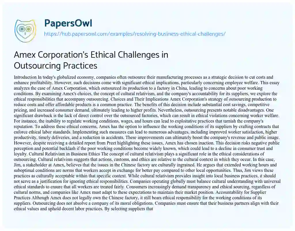 Essay on Amex Corporation’s Ethical Challenges in Outsourcing Practices
