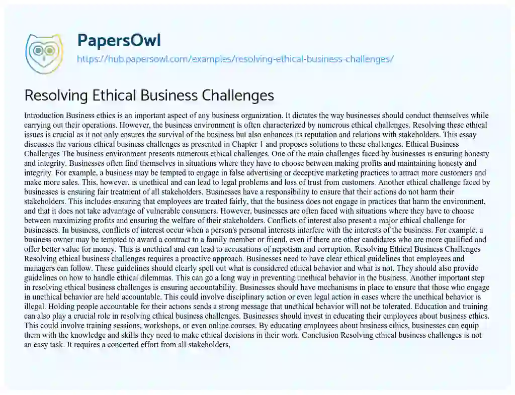 Essay on Resolving Ethical Business Challenges