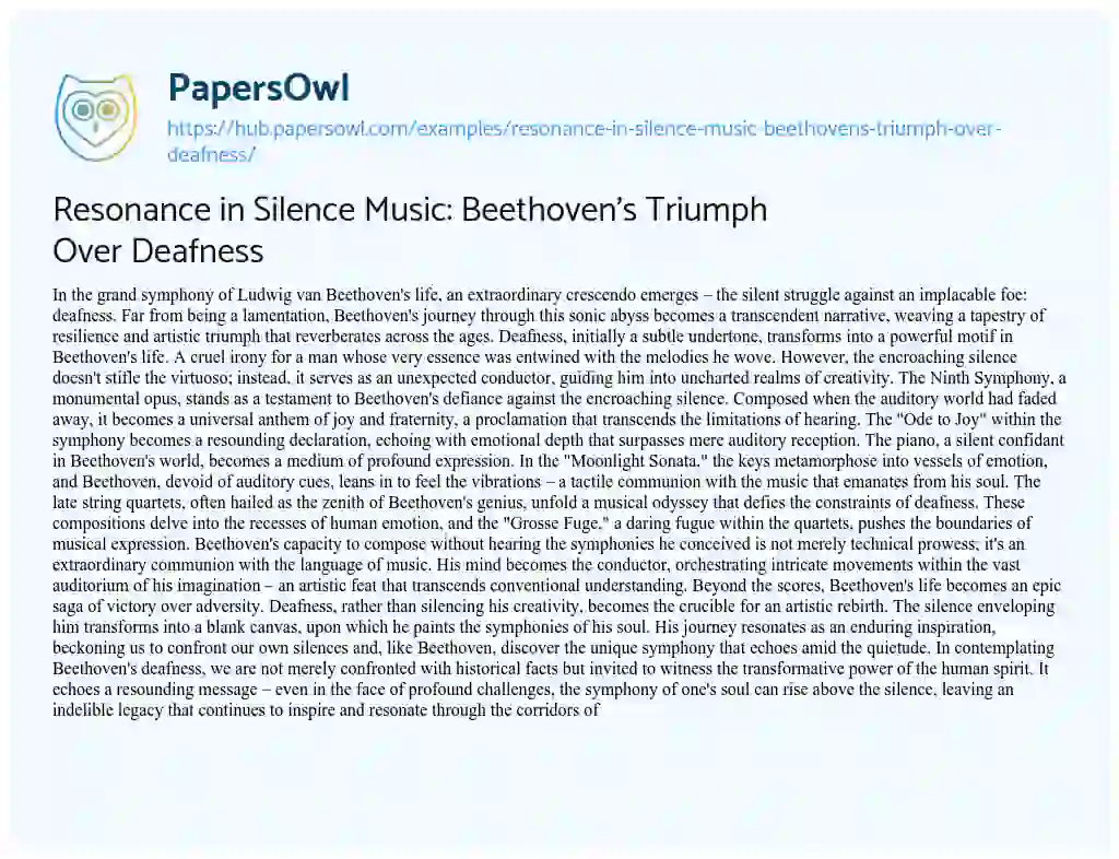 Essay on Resonance in Silence Music: Beethoven’s Triumph Over Deafness