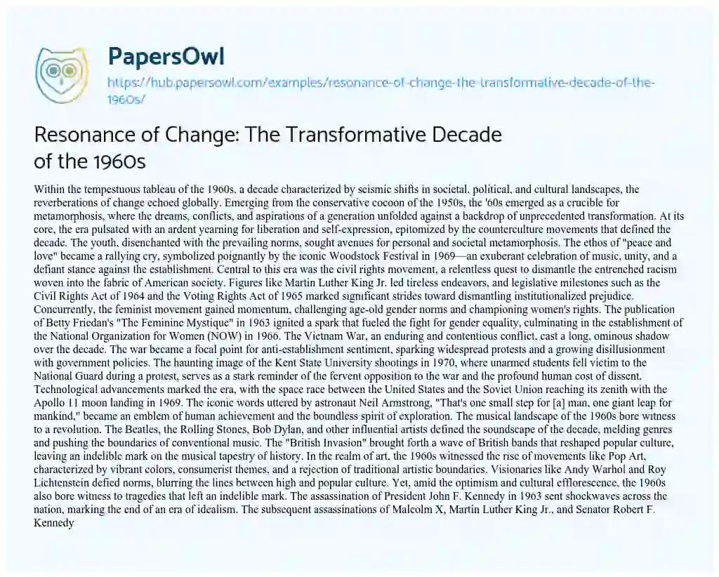 Essay on Resonance of Change: The Transformative Decade of the 1960s