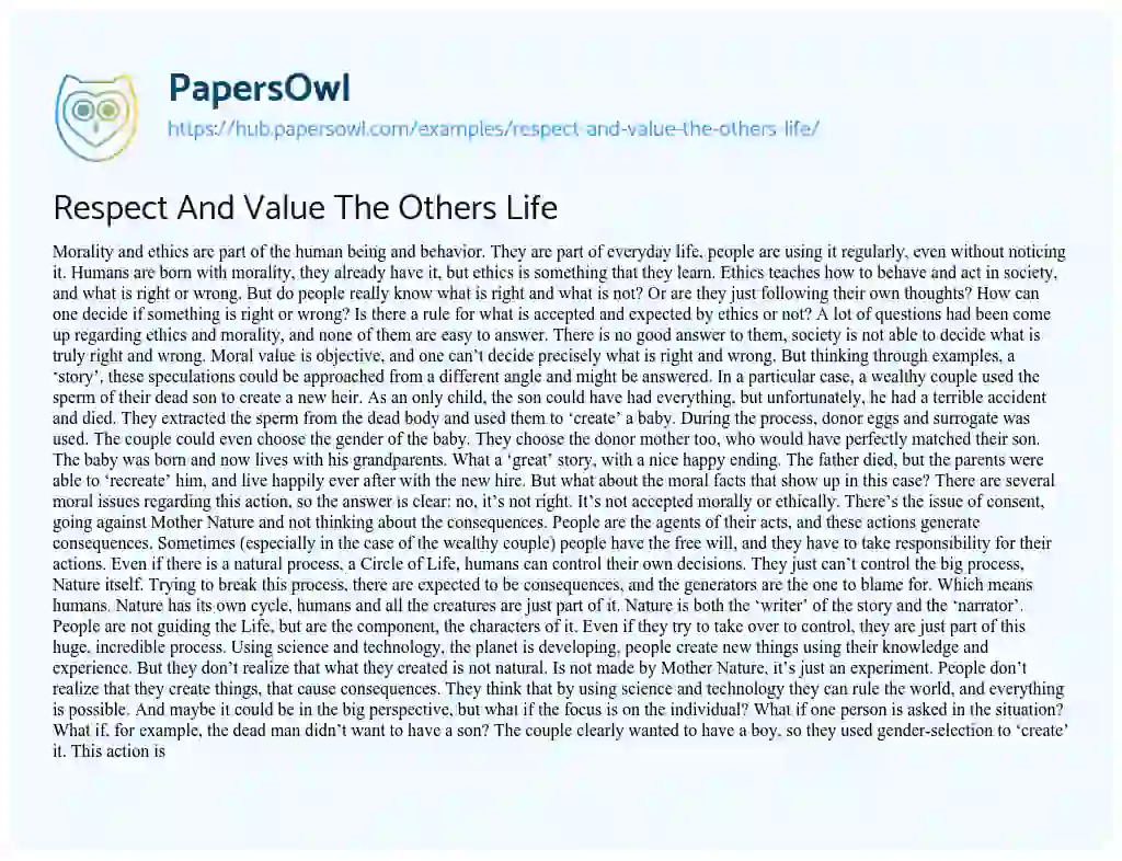 Essay on Respect And Value The Others Life