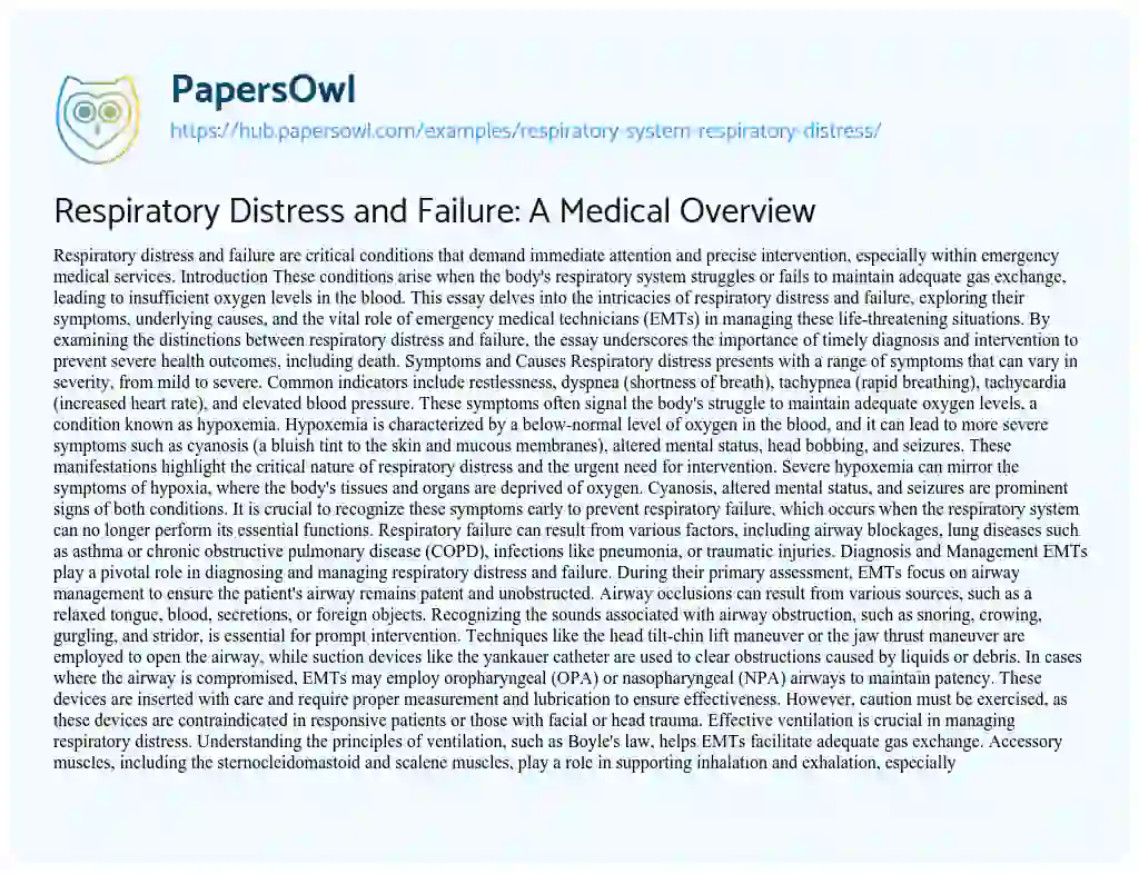 Essay on Respiratory Distress and Failure: A Medical Overview