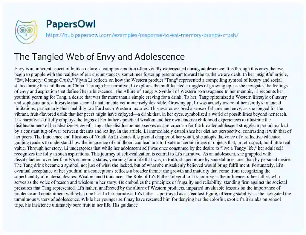 Essay on The Tangled Web of Envy and Adolescence