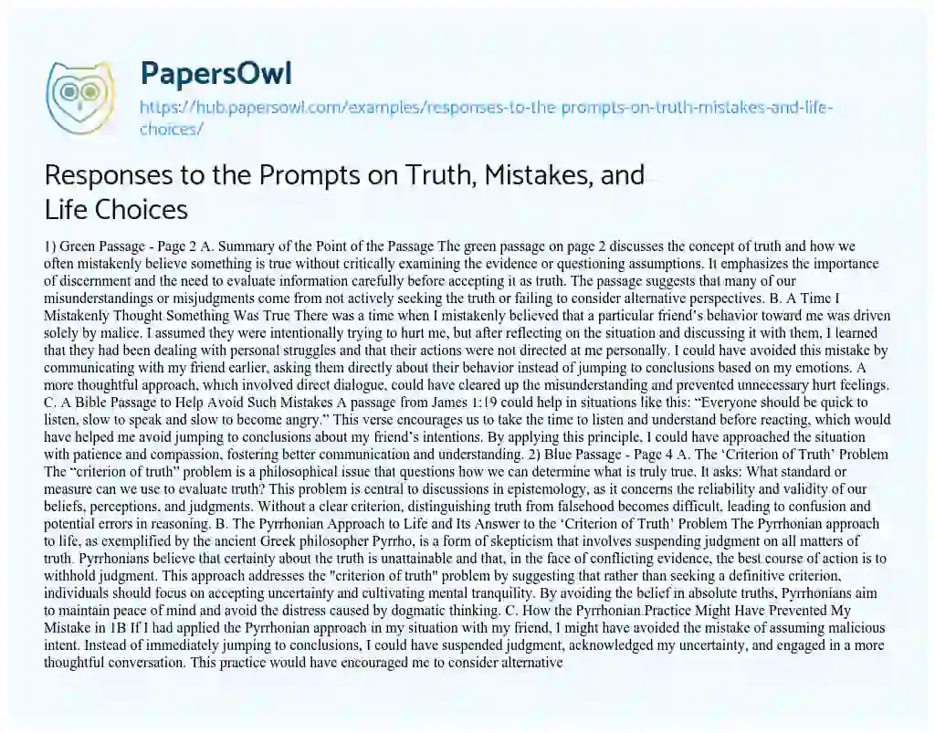 Essay on Responses to the Prompts on Truth, Mistakes, and Life Choices