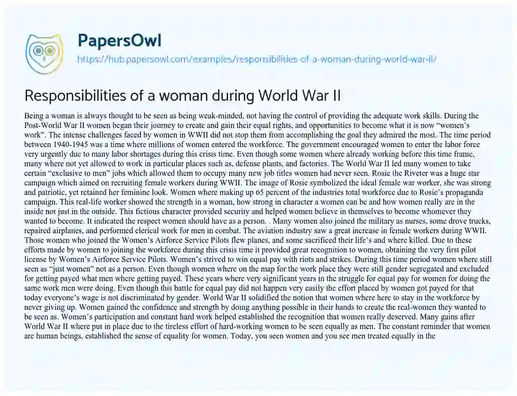 Essay on Responsibilities of a woman during World War II