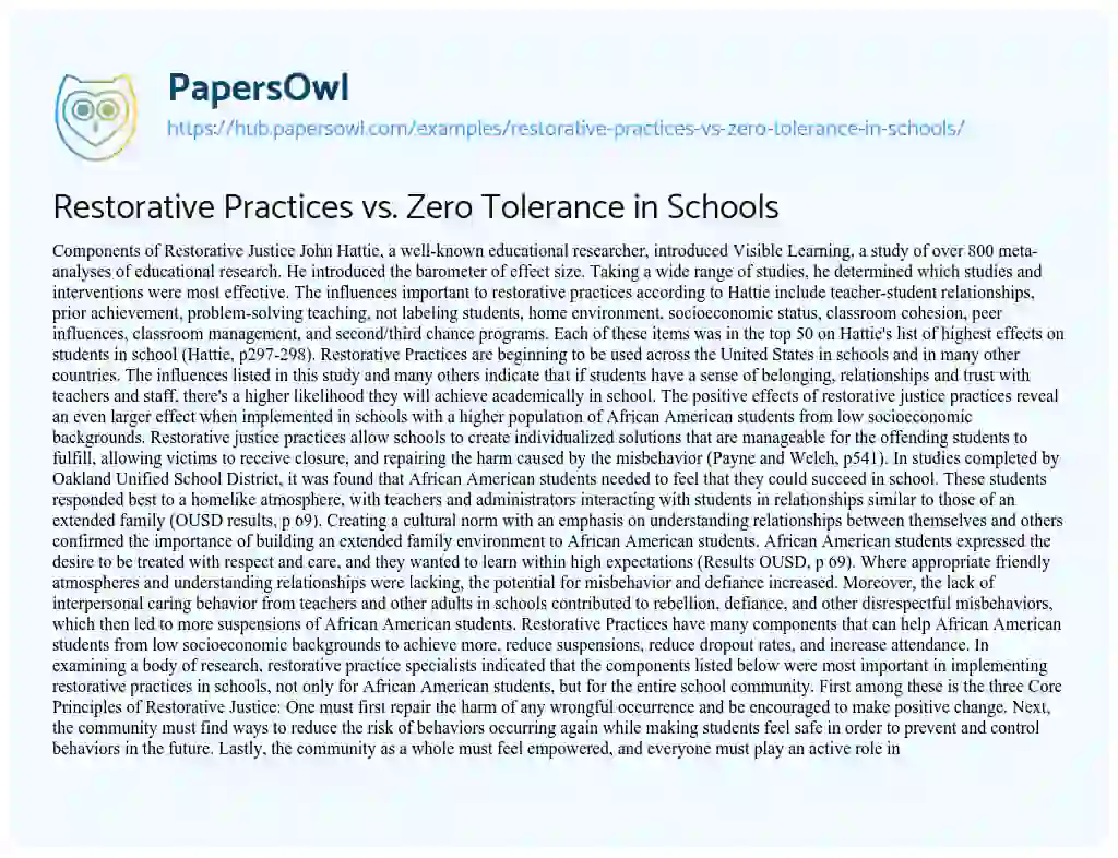 Essay on Restorative Practices vs. Zero Tolerance in Schools