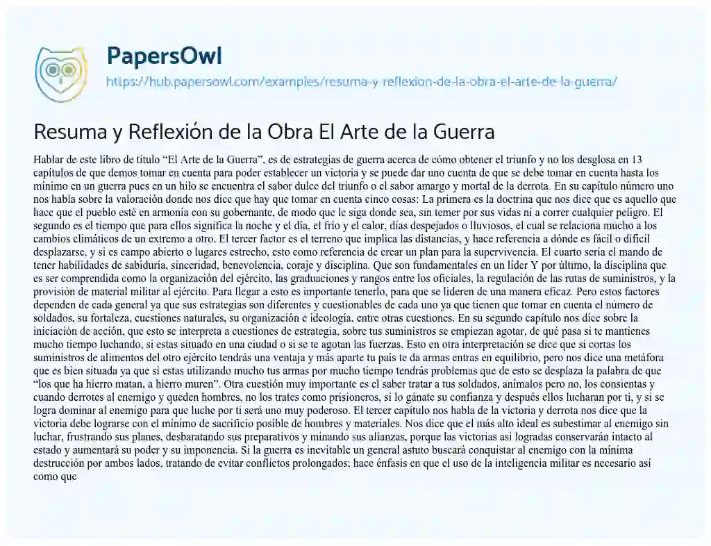 Essay on Resuma y Reflexión de la Obra El Arte de la Guerra