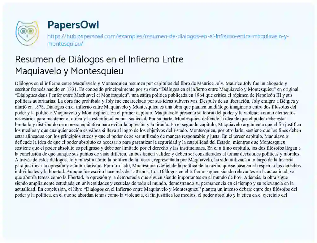 Essay on Resumen de Diálogos en el Infierno Entre Maquiavelo y Montesquieu