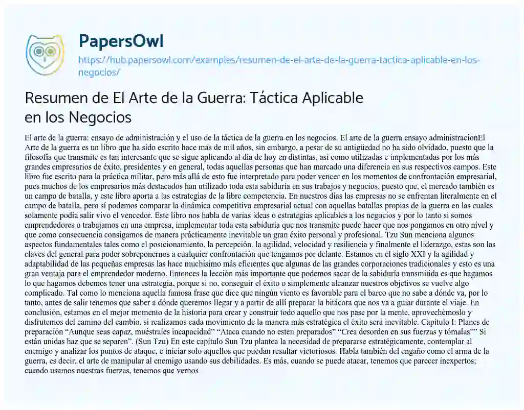 Essay on Resumen de El Arte de la Guerra: Táctica Aplicable en los Negocios