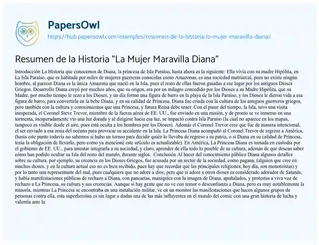 Essay on Resumen de la Historia “La Mujer Maravilla Diana”