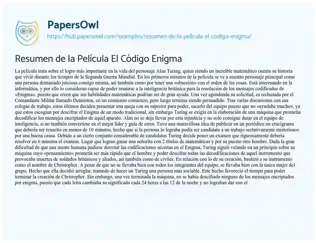 Essay on Resumen de la Película El Código Enigma