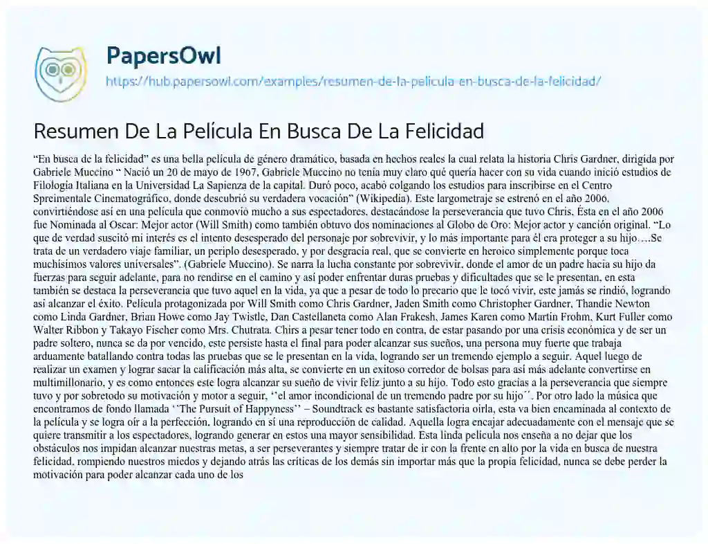 Essay on Resumen De La Película En Busca De La Felicidad