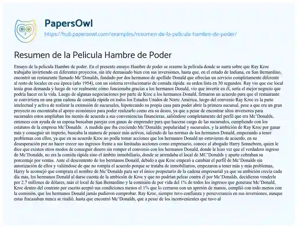 Essay on Resumen de la Pelicula Hambre de Poder