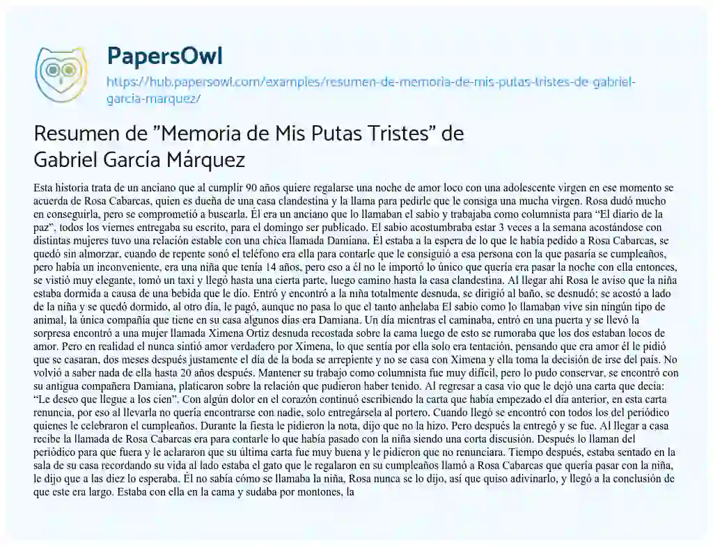 Essay on Resumen de “Memoria de Mis Putas Tristes” de Gabriel García Márquez